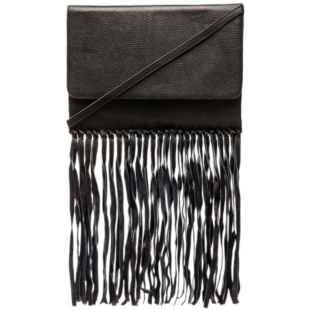 CLEOBELLA Sage Black Leather Fringe Clutch Crossbody Bag